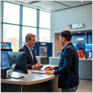 En una sucursal moderna de BBVA, un asesor conversa con un cliente en un mostrador con ordenadores y documentos, bajo grandes ventanales y señalética de la entidad, en un entorno pensado para abrir cuentas bancarias corrientes bbva.