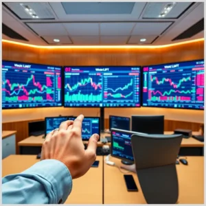Mano en primer plano señalando varias pantallas con gráficos bursátiles de líneas y velas sobre escritorios y sillas en una sala de trading, que evoca la compraventa valores ing espana.
