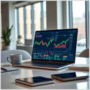 Pantalla de portátil en un escritorio con gráficos bursátiles verdes y rojos, tablas y paneles de datos junto a una taza de café, un cuaderno y un móvil, ilustrando la actividad de Compraventa de valores en Openbank.