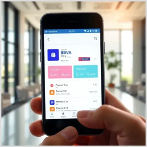 Una mano sostiene un teléfono móvil que muestra la aplicación BBVA con icono, paneles de saldos coloridos y una lista de movimientos en pantalla, Consultar movimientos y saldos de cuentas en el BBVA