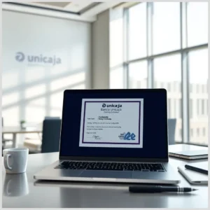 Ordenador portátil sobre un escritorio en una oficina luminosa muestra en pantalla un certificado de Unicaja junto a una taza, bolígrafo y libreta, diseñado para consultar obtener certificados entidades bancarias inscritas banco unicaja