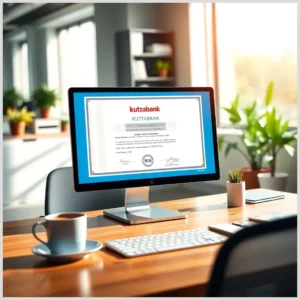 Pantalla de ordenador en un despacho luminoso que muestra un certificado de Kutxabank sobre un escritorio con teclado, taza de café y plantas, Consultar y obtener certificados sobre entidades bancarias inscritas en Kutxabank.