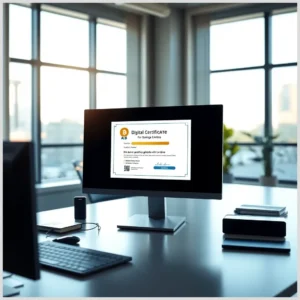 En un despacho moderno con grandes ventanales y luz natural se ve un monitor sobre una mesa que muestra un certificado digital mientras en primer plano hay teclado, ratón y una libreta, útil para consultar obtener certificados entidades bancarias inscritas openbank.