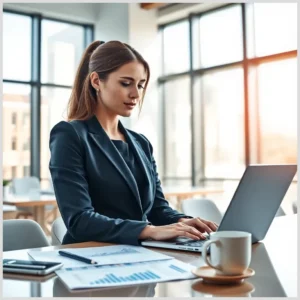 Profesional vestida de traje trabajando en un portátil en una oficina luminosa junto a documentos con gráficos y una taza de café, ilustrando la Contratación y gestión de productos de inversión en Bankinter.