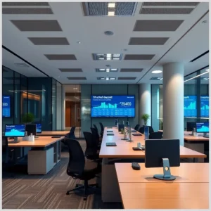 Oficina moderna de planta abierta con filas de escritorios, monitores y una pantalla grande que muestra gráficos financieros y el texto 'Contratación y gestión de productos de inversión: depósitos estructurados en Kutxabank'.
