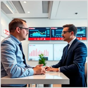 Dos hombres de negocios conversan frente a una mesa en una oficina moderna con pantallas que muestran gráficos financieros y logotipos del banco mientras revisan documentos y pantallas relacionadas con contratacion gestion productos inversion fondos inversion banco santander.