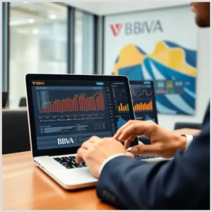 Profesional con traje teclea en un portátil que muestra gráficos, barras y cuadros de rendimiento financiero junto a logotipos corporativos y un cartel de BBVA, destacando Contratación y gestión de productos de inversión: fondos de inversión en el BBVA.