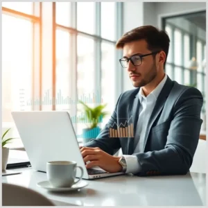 Hombre joven con gafas y traje trabajando concentrado en un portátil en una oficina luminosa con una taza de café y plantas sobre la mesa y gráficos financieros superpuestos en la pantalla, Contratación y gestión de productos de inversión: fondos de inversión en Openbank.