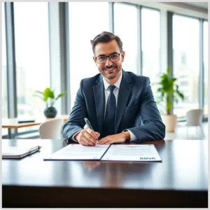 Hombre con traje y gafas sonriendo mientras firma documentos sobre una mesa en una oficina luminosa con grandes ventanales y plantas, Contratación de seguros vinculados: accidentes en el BBVA.