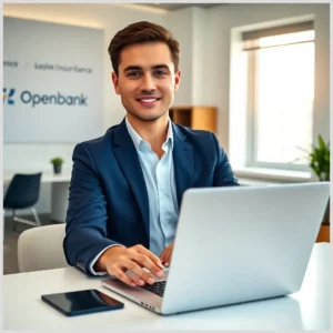 Hombre joven sonriendo en traje sentado ante un portátil en una oficina moderna con un cartel de Openbank al fondo y elementos de trabajo en primera plana, contratacion seguros vinculados accidentes openbank.