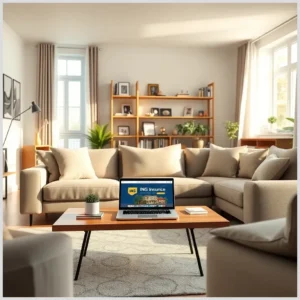 Sala de estar luminosa con sofá seccional beige, mesa de centro de madera con un portátil abierto mostrando una web de seguros y una maceta, estantería con libros y plantas al fondo, y en la pantalla se aprecia la frase 'Contratación de seguros vinculados: hogar en ING España'.