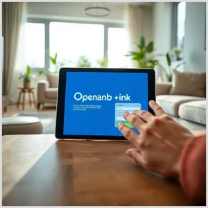 Tableta sobre una mesa en un salón iluminado muestra en su pantalla una interfaz azul con el texto Openank +ink mientras una mano la toca y se ven sofá y plantas desenfocados al fondo, contratacion seguros vinculados hogar openbank.