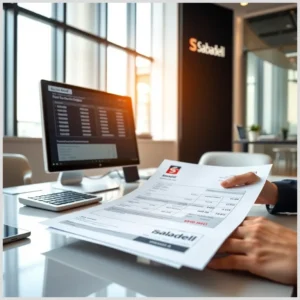 Persona revisando una factura con el logotipo de Sabadell sobre un escritorio de oficina moderno frente a un monitor y un panel corporativo, iluminada por luz natural, descuento efectos comerciales banco sabadell.