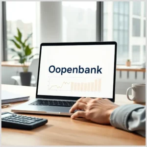 Portátil sobre un escritorio en una oficina con la pantalla que muestra "Oopenbank" y un gráfico de barras y línea, una mano en el touchpad, calculadora, taza y planta decorativa, descuento efectos comerciales openbank.