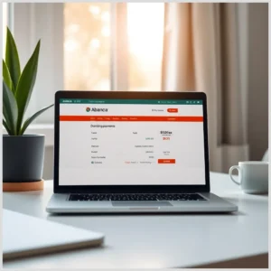 Portátil abierto sobre un escritorio muestra la web de Abanca con un formulario y resumen de pagos visible, acompañado de una planta y una taza, facilitando domiciliar pagos abanca.