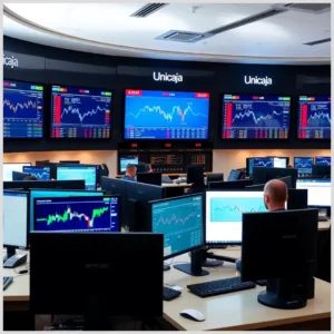 Sala de operaciones bursátiles con personal frente a numerosos monitores y pantallas que muestran gráficos, cotizaciones y datos financieros bajo la marca Unicaja, representando operaciones bolsa banco unicaja.