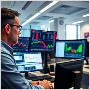 Operaciones en Bolsa en Bankinter, operador concentrado frente a varios monitores que muestran gráficos de velas, tablas de cotizaciones e indicadores en una oficina de trading moderna.