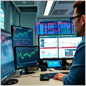 La imagen muestra a un operador frente a varias pantallas con gráficos financieros, tablas de cotizaciones y ventanas de trading en tiempo real que ilustran operaciones bolsa kutxabank, con indicadores de precio y volumen en un entorno de escritorio profesional.