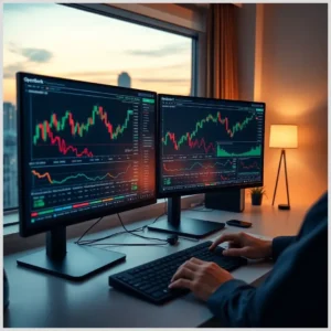 Pantalla doble muestra gráficos de velas, indicadores y datos de mercado mientras una persona teclea en un escritorio junto a una ventana al atardecer con lámpara y planta, representando operaciones bolsa openbank.