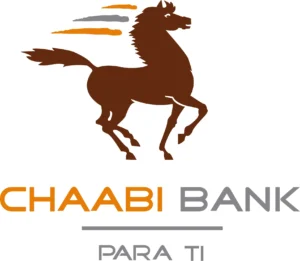 Logotipo de Chaabi Bank que muestra un caballo estilizado marrón en galope con franjas naranja y gris sobre fondo blanco y tipografía en naranja y gris junto al lema "PARA TI"; Banque Chaabi du Maroc, S.E. y el error que todos temen