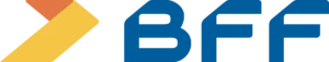 Logotipo con las letras mayúsculas azules BFF y un símbolo diagonal amarillo y naranja a la izquierda, orientado para SEO y accesibilidad con la palabra clave 'opiniones bff bank s p s'.