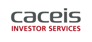 Logotipo sobre fondo negro con la palabra caceis en gris en la parte superior y el texto INVESTOR SERVICES en rojo debajo, descripción ALT orientada a accesibilidad y SEO opiniones caceis bank spain s.