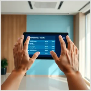 Manos sosteniendo una tableta que muestra una interfaz de transferencias internacionales con lista de beneficiarios y montos visibles, realizar transferencias internacionales banco sabadell.