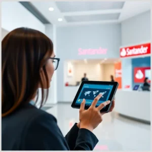 Mujer de perfil con gafas toca la pantalla de una tableta que muestra un mapa mundial dentro de una sucursal con logotipos de Santander, representando la opción de Realizar transferencias internacionales en el Banco Santander.