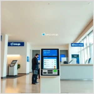 Pantalla táctil de autoservicio en el vestíbulo de una sucursal con el logo de Unicaja visible, un cliente de pie y mostradores al fondo, diseñada para Realizar transferencias internacionales en el Banco Unicaja.