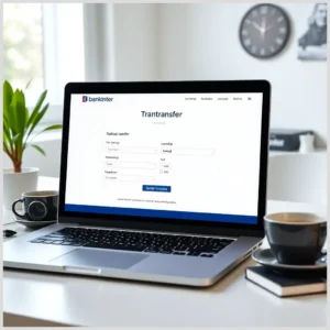 Portátil sobre un escritorio con la pantalla mostrando un formulario de transferencia del banco bankinter, con el logotipo visible, campos para importe y destinatario, una taza de café y una planta, ideal para realizar transferencias nacionales bankinter