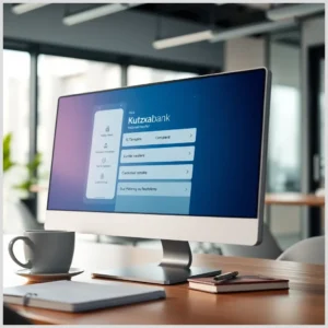 Monitor de escritorio en una oficina con la interfaz de Kutxabank visible mostrando opciones de transferencias, acompañado de una taza de café y cuadernos sobre la mesa, que sugiere la acción de realizar transferencias nacionales kutxabank.