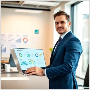 Hombre de negocios con traje azul sonriendo mientras sostiene un portátil que muestra gráficos, tablas y análisis financieros en una oficina moderna, con información visible para solicitar gestionar creditos bbva.