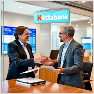 Dos profesionales en traje sonrientes intercambian documentos y se estrechan la mano en una sucursal bancaria moderna con pantallas informativas y el rótulo del banco al fondo, ideal para solicitar gestionar prestamos kutxabank.