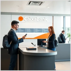 Dos personas interactuando en el mostrador de una sucursal de CaixaBank, una consultando el móvil y la otra sosteniendo una tarjeta, imagen representativa para solicitar tarjetas debito caixabank