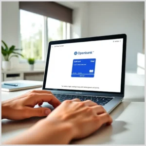 Manos tecleando en un portátil que muestra la interfaz de Openbank con una tarjeta azul y botones para Solicitar tarjetas de débito en Openbank, sobre un escritorio luminoso con una planta y una libreta.