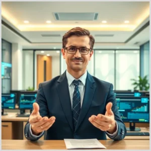Hombre de negocios con traje y gafas sentado frente a un escritorio en una oficina moderna con varias pantallas mostrando gráficos y datos, sonriendo y extendiendo las manos hacia la cámara, tramites relacionados prevencion blanqueo capitales abanca.