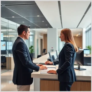 Dos profesionales de banca vestidos con traje conversan de pie en un moderno mostrador de oficina revisando documentos y un ordenador, escena que sugiere atención al cliente y tramites relacionados prevencion blanqueo capitales banco unicaja.